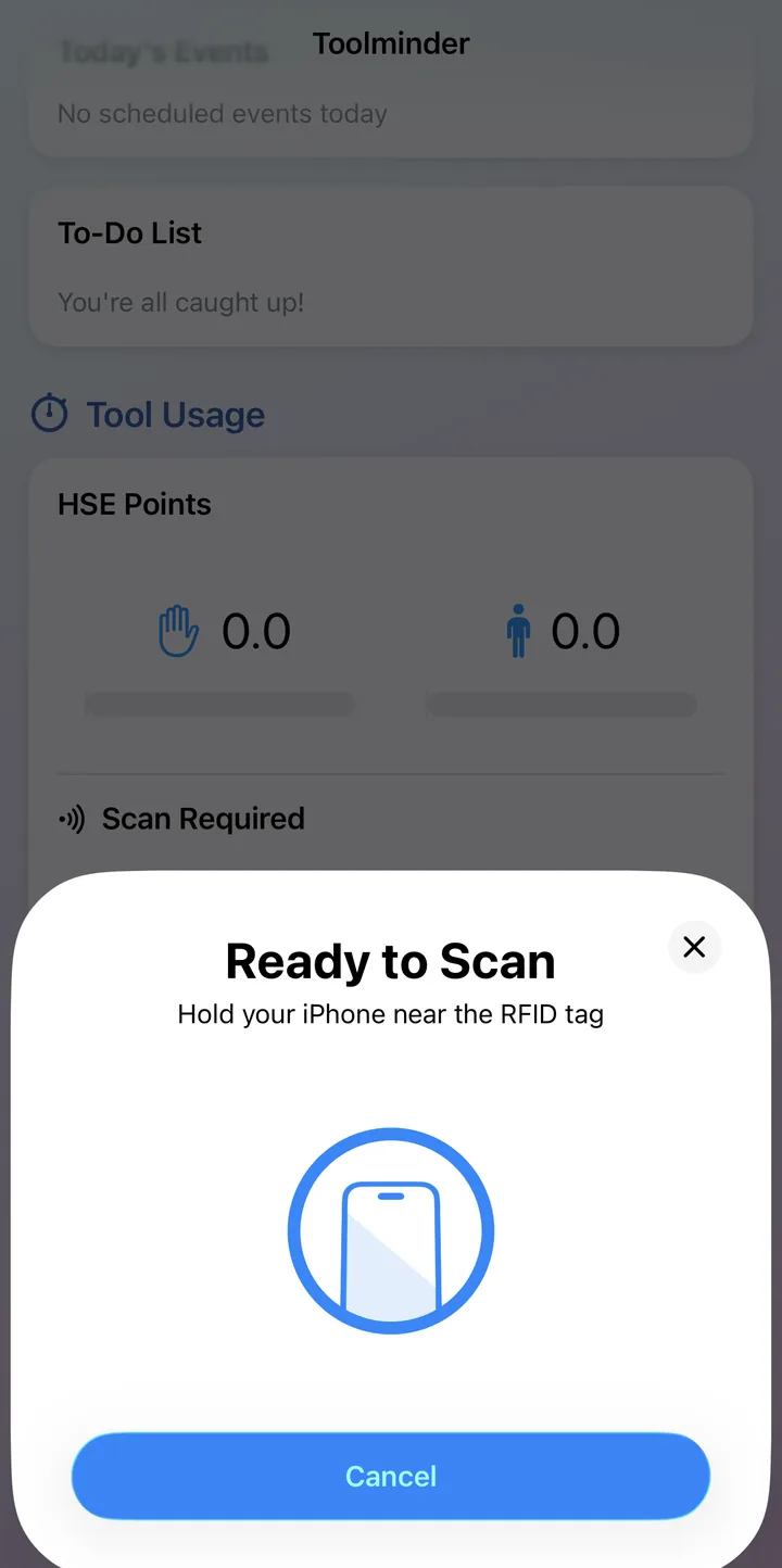 The scan sheet asking the operator to hold the phone near the tool's RFID tag