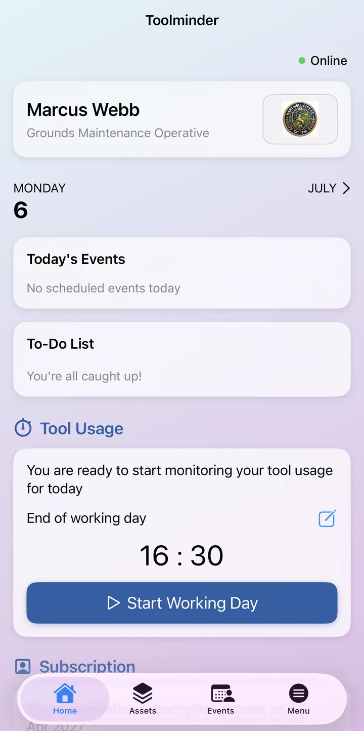 The Toolminder home screen ready to start monitoring tool usage for the day