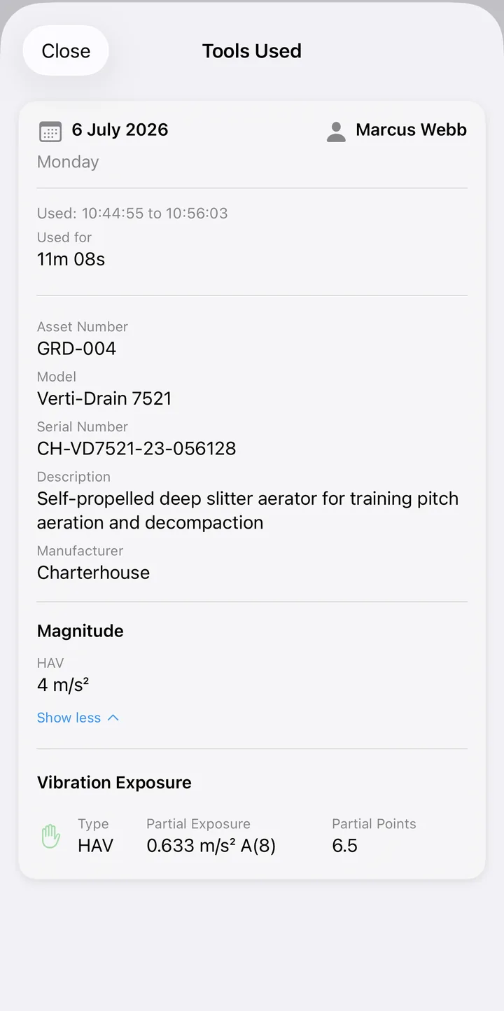 A tool usage record showing trigger time, magnitude, partial exposure and points