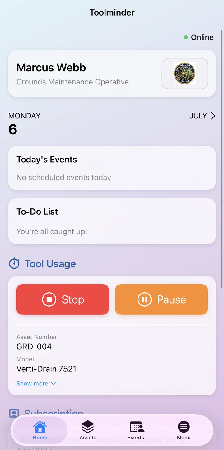 The same tool after its check has passed: the usage timer running with Stop and Pause controls