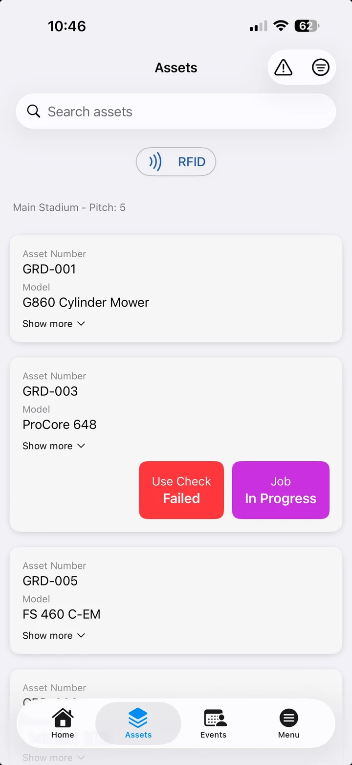 Toolminder app showing the asset list for a depot, with each tool's safety status.